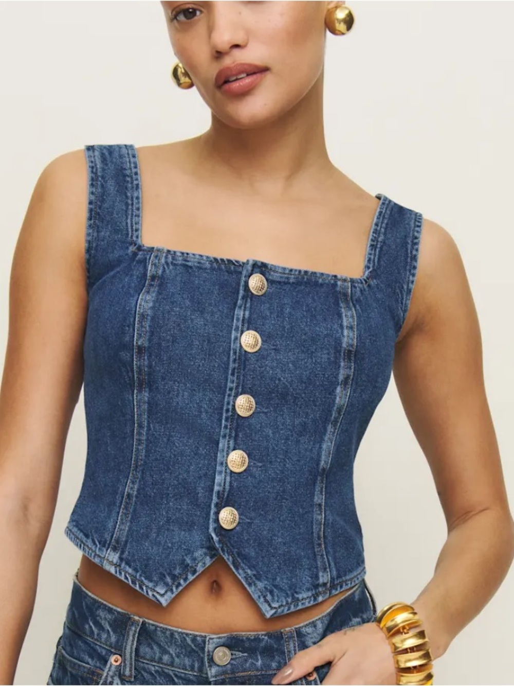 Reformation Bo Denim Dark Blue Denim Button-Front Vest